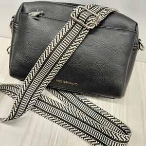 West Bronco Crossbody Triple Zip Bag Purse Black Aztec Print Wide Strap
